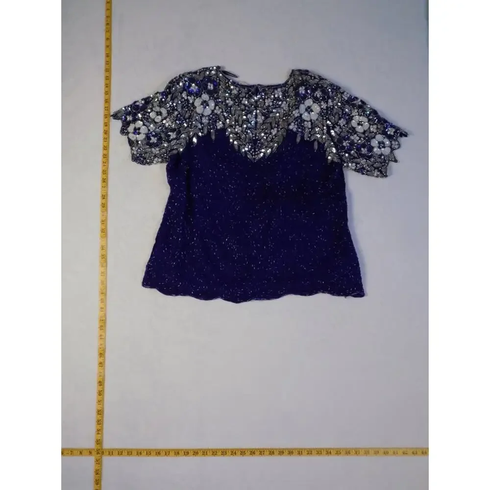 VTG D'Albert Sequin Beaded Blouse Eveningwear Blue Flower 80s 100% Silk - Picture 2 of 9
